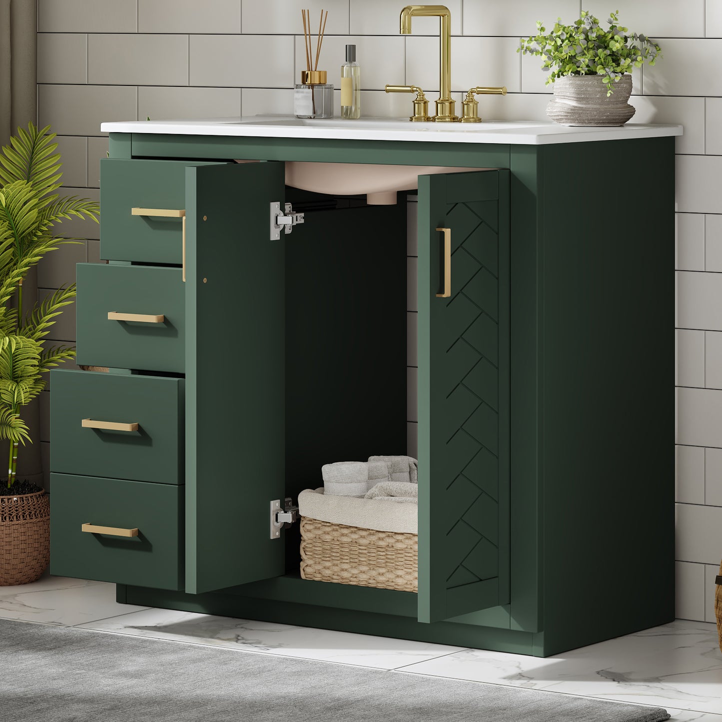 36'' Bathroom Vanity with Ceramic Sink Combo, Solid Wood Frame Bathroom Storage Cabinet, Freestanding Vanity Set with 3 Drawers& Soft Closing Doors image 4