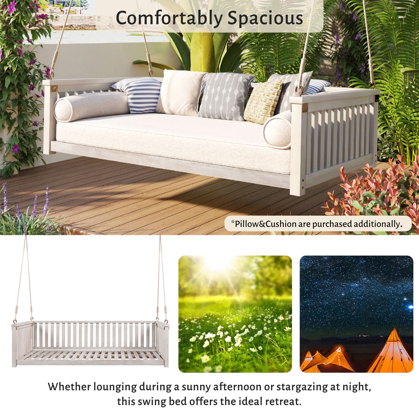 TOPMAX Patio Minimalist Twin Size Garden Swing Bed Wood Porch Swing with Ropes for Backyard, Safe Sloped Design, White image 5