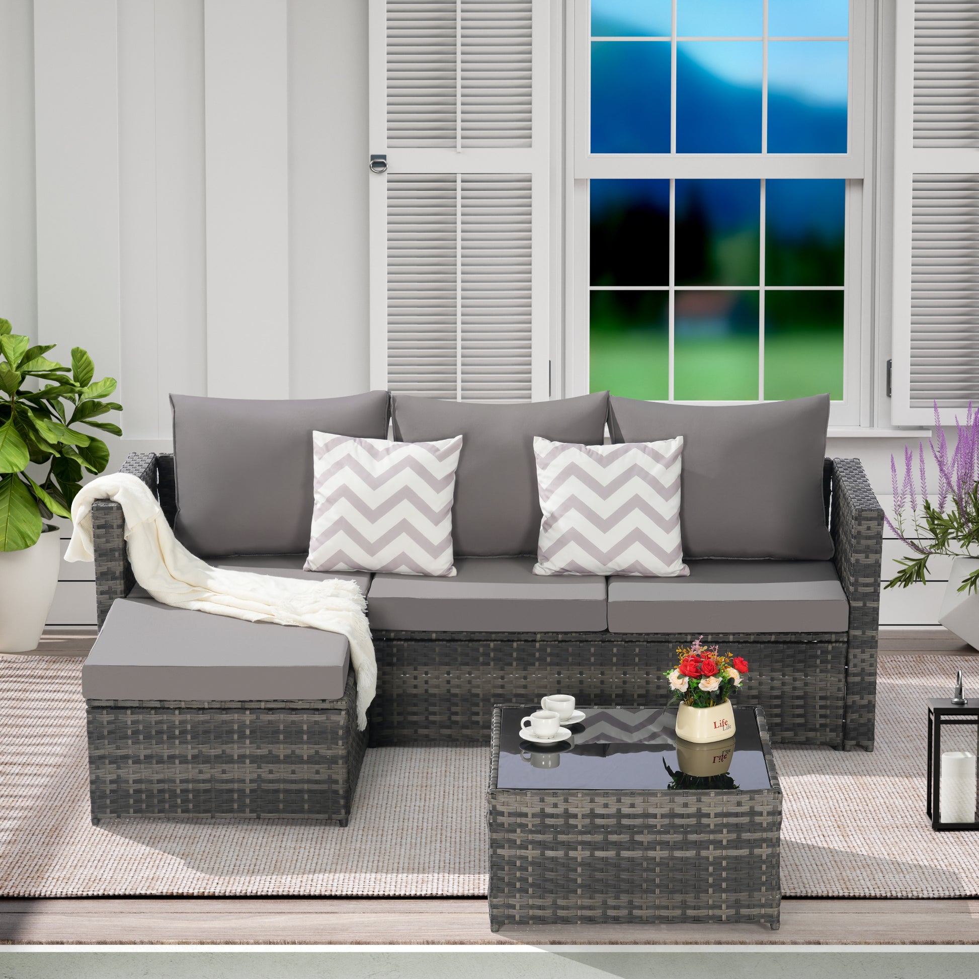 2 Pieces Patio Furniture Set,Outdoor Woven Sectional L- Shaped Patio Furniture,Wicker Conversation Set with Ottoman, Detachable Lounger Table for Backyard Poolside image 2