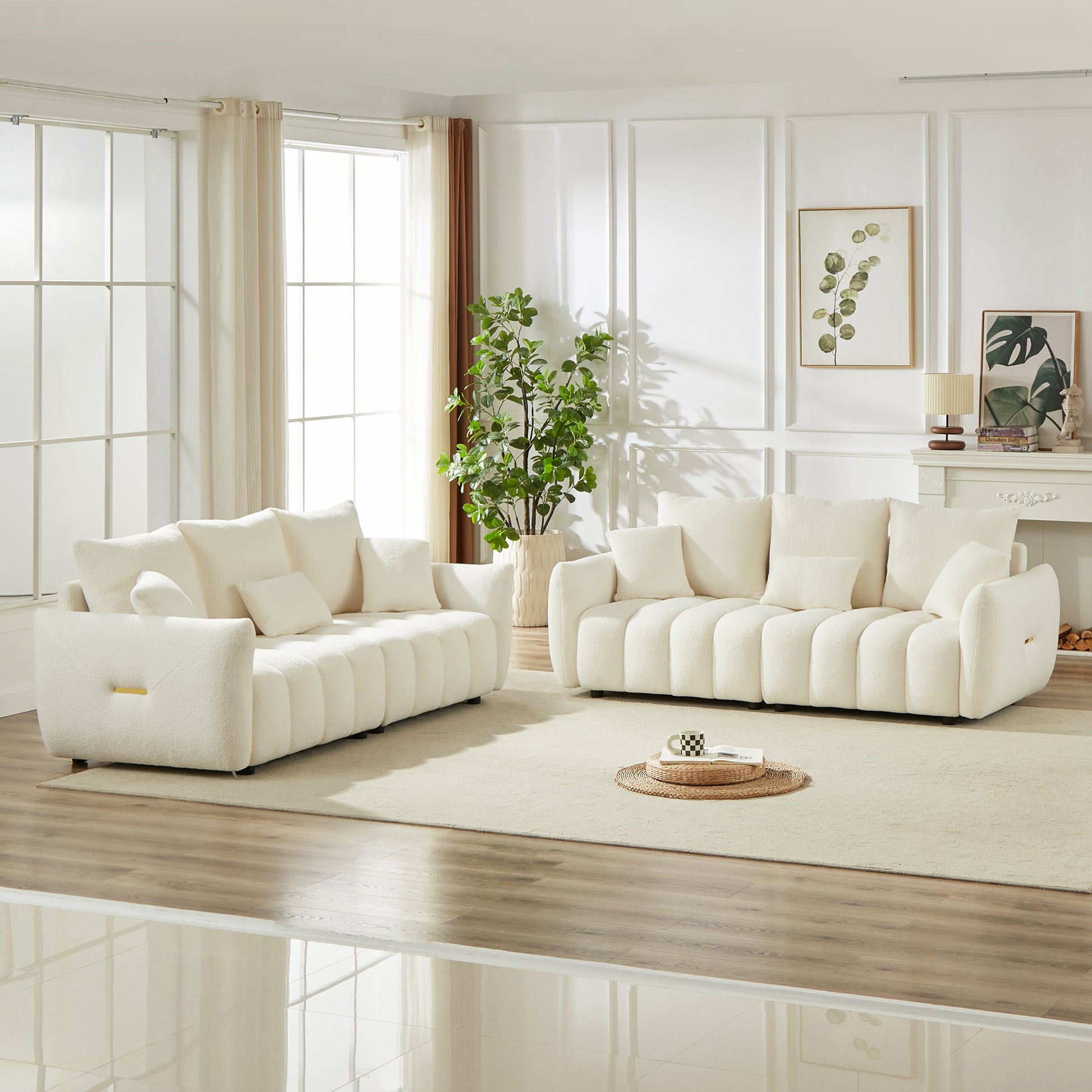 3 Seater + 3 Seater Combo Sofa Modern Living Room Sofa, Teddy Sofa, Wooden Frame, 6 Cushions, Apartment Sofa Furniture image 1