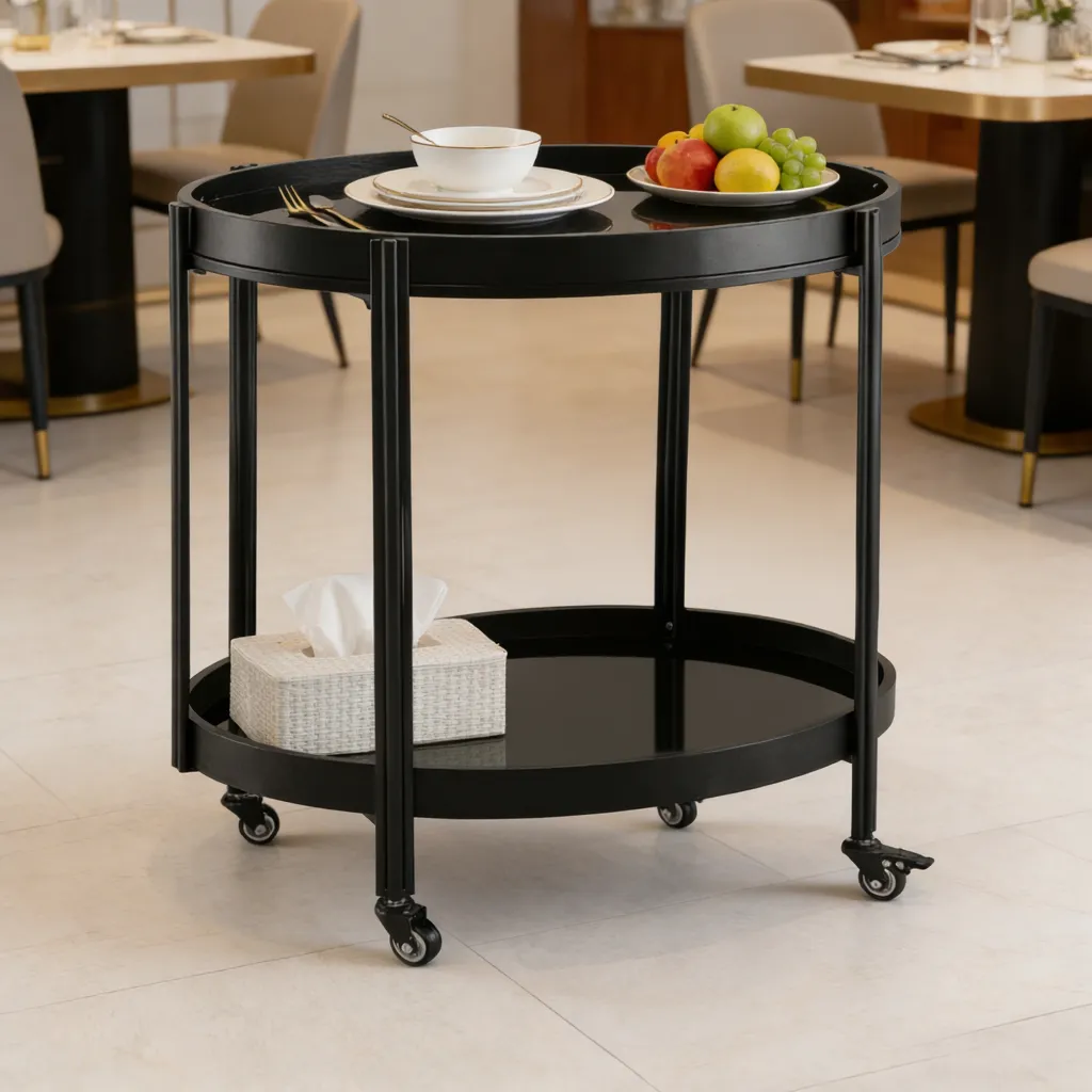 Oval Black Bar Cart with 2 Black Tempered Glass Shelves image 1