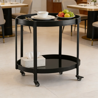 Oval Black Bar Cart with 2 Black Tempered Glass Shelves image 1