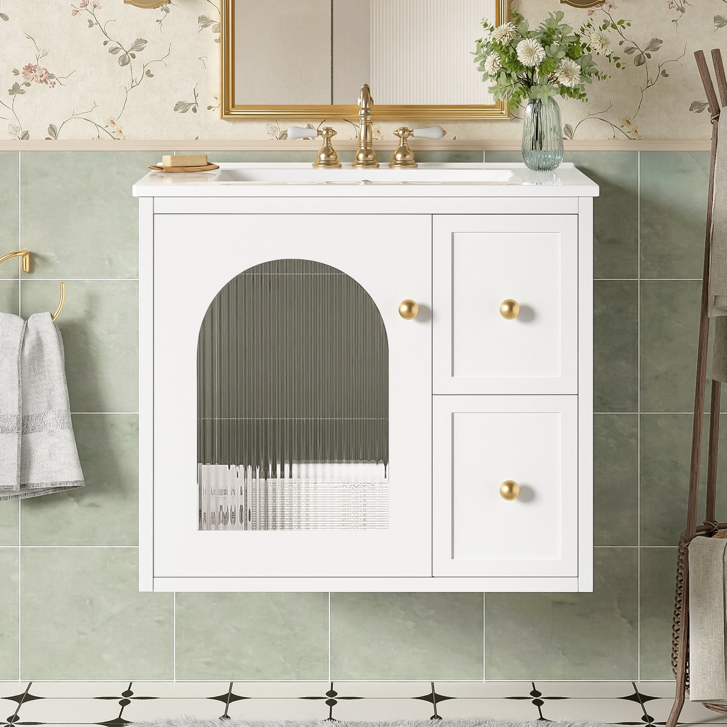24" Bathroom Vanity Set Wall Mounted for Small Space, Bathroom Cabinet with Ceramic Sink, 2 Drawers and 1 Soft-Close Door image 1