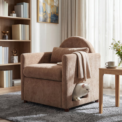 Coffee Pet Friendly Accent Chair with Hidden Pet Nook, Acacia Wood Legs, 220lbs Weight Capacity, Modern Upholstered Armchair for Living Room image 1