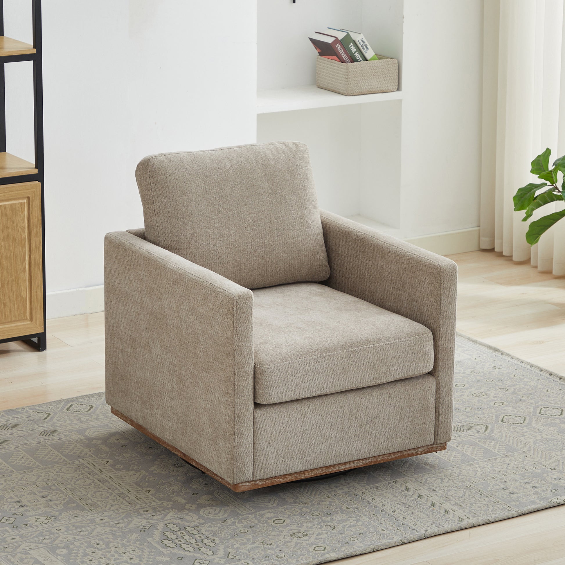 30.7"W Square Upholstered 360° Swivel Accent Chair and Comfy Single Sofa Chair with a Weathered Finished Wooden Base, Club Lounge Reading Armchair for Living Room Bedroom Apartment Nursery. Taupe image 3