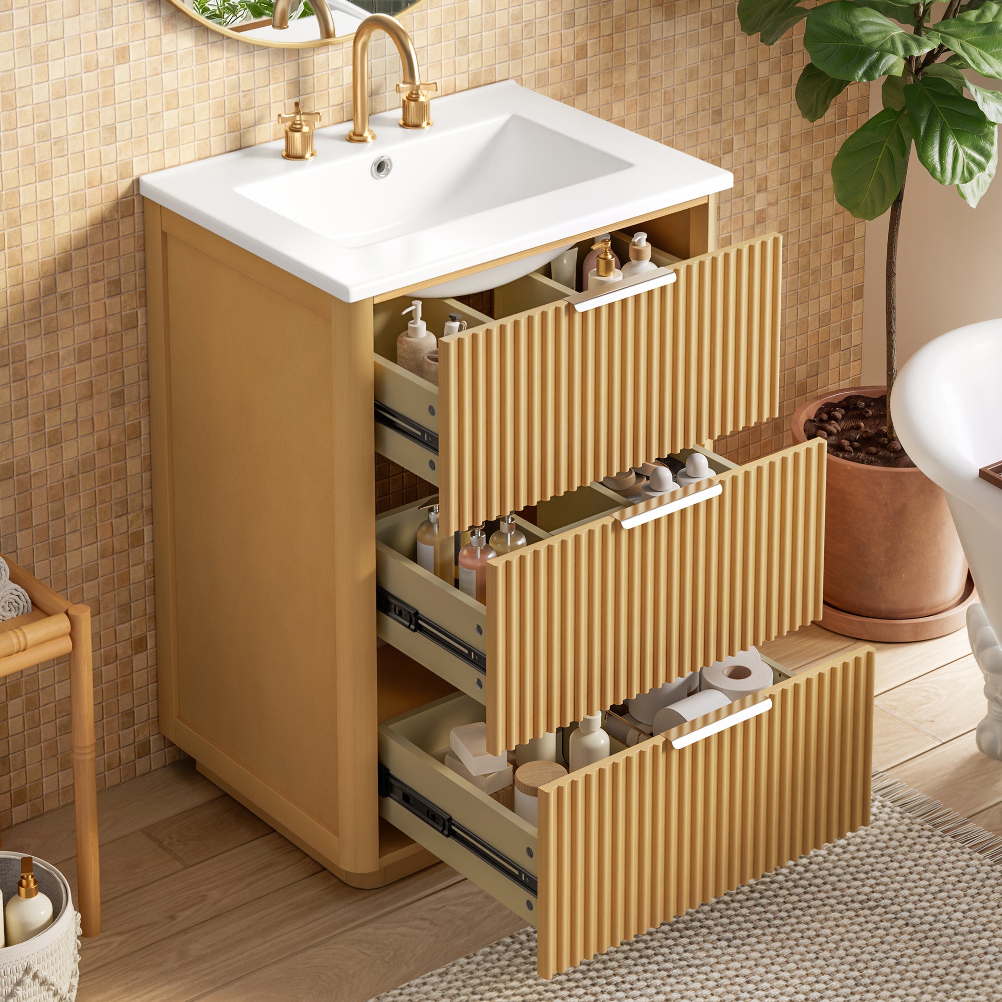 24 inch Modern Luxury Bathroom Vanity with Ceramic Sink, Bathroom Cabinet with Open Shelf and Closed Storage image 2