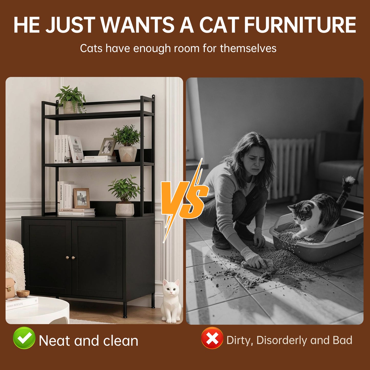Metal Cat Litter Box Enclosure, 57" Tall Hidden Litter Box Cabinet with 3 Tier Storage Shelves, Large Indoor Cat House with Doors & 4 S-Hooks, Odor Control Pet Washroom Furniture for Large Cats, Black image 7