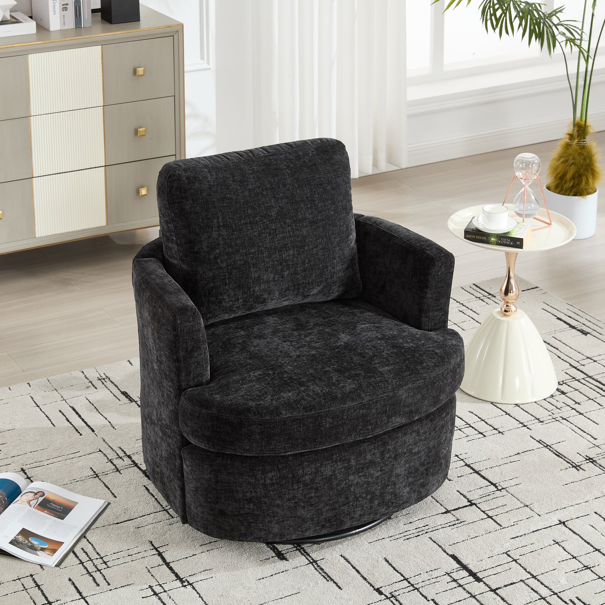 Vanity Chair,Swivel Accent Chair, 360 Degree Round Swivel Barrel Chair, Upholstered Comfy Swivel Chairs for Living Room,Accent Chairs for Bedroom, Reading Room,Powder Room,Black image 8