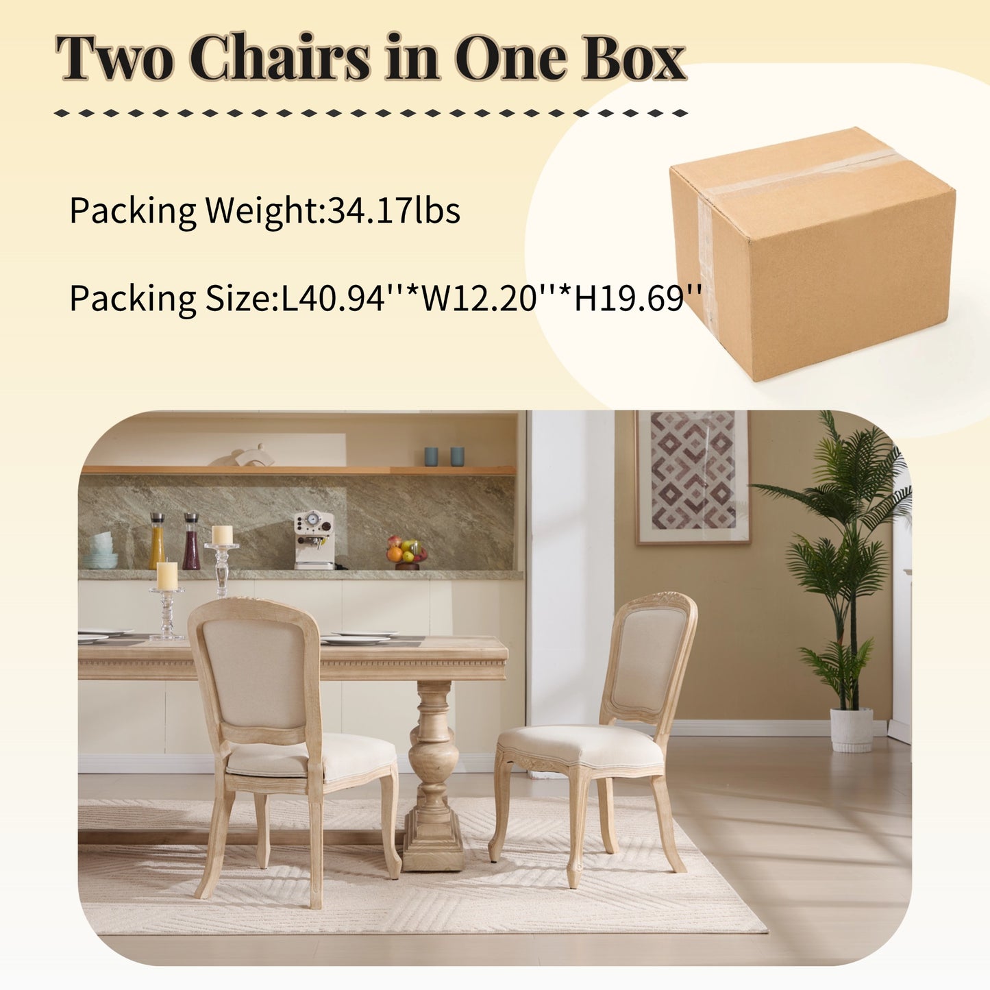 French Country Dining Chairs Set of 2, Upholstered Chairs with Fan-shaped Back, Wire drawing and carving techniques,Disassemblable, for Living Room, Kitchen, Restaurant Use, Beige image 8