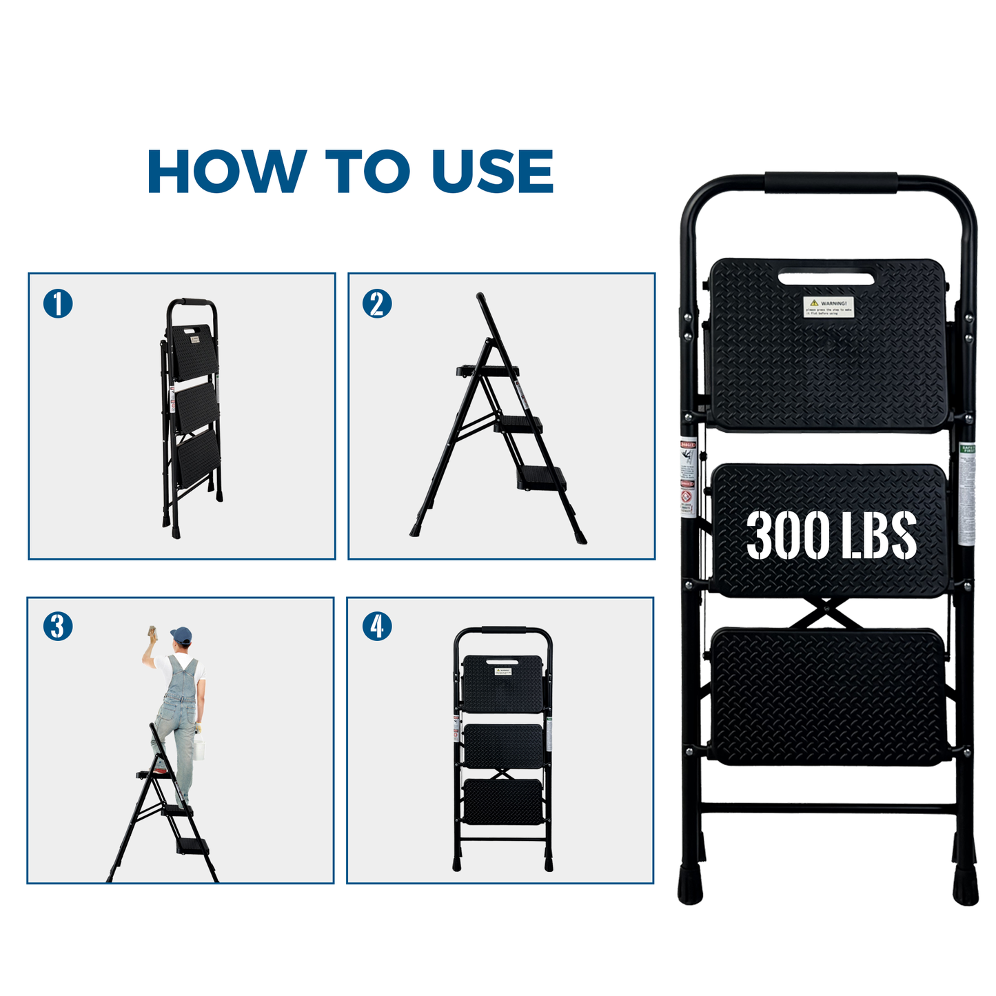 3 Step Ladder, Folding Step Stool with Wide Anti-Slip Pedal, Sturdy Steel Ladder, Lightweight, Portable Steel Step Stool image 5