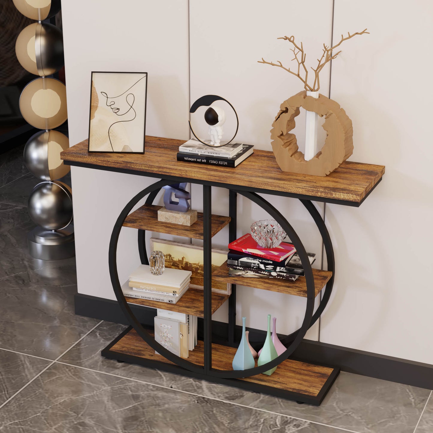 41.3 Inch Industrial Console Table for Entryway, Narrow Sofa Table with Storage Shelves & Circle Base, Rustic Brown Accent Furniture for Hallway, Foyer, Entrance, Living Room image 1