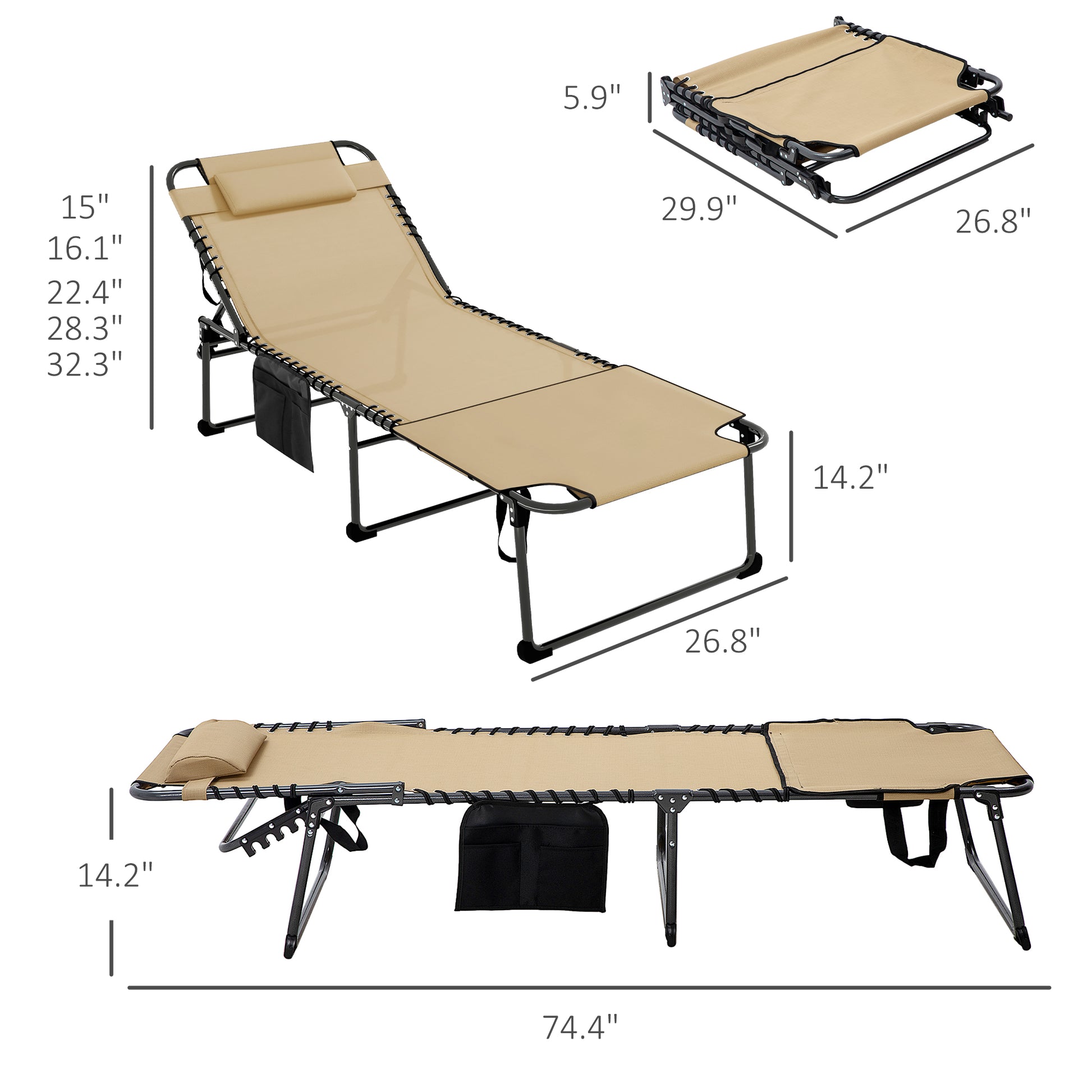 Outsunny Folding Chaise Lounge with 5-level Reclining Back, Outdoor Tanning Chair with Reading Face Hole, Outdoor Lounge Chair with Side Pocket & Headrest for Beach, Yard, Patio, Beige image 3