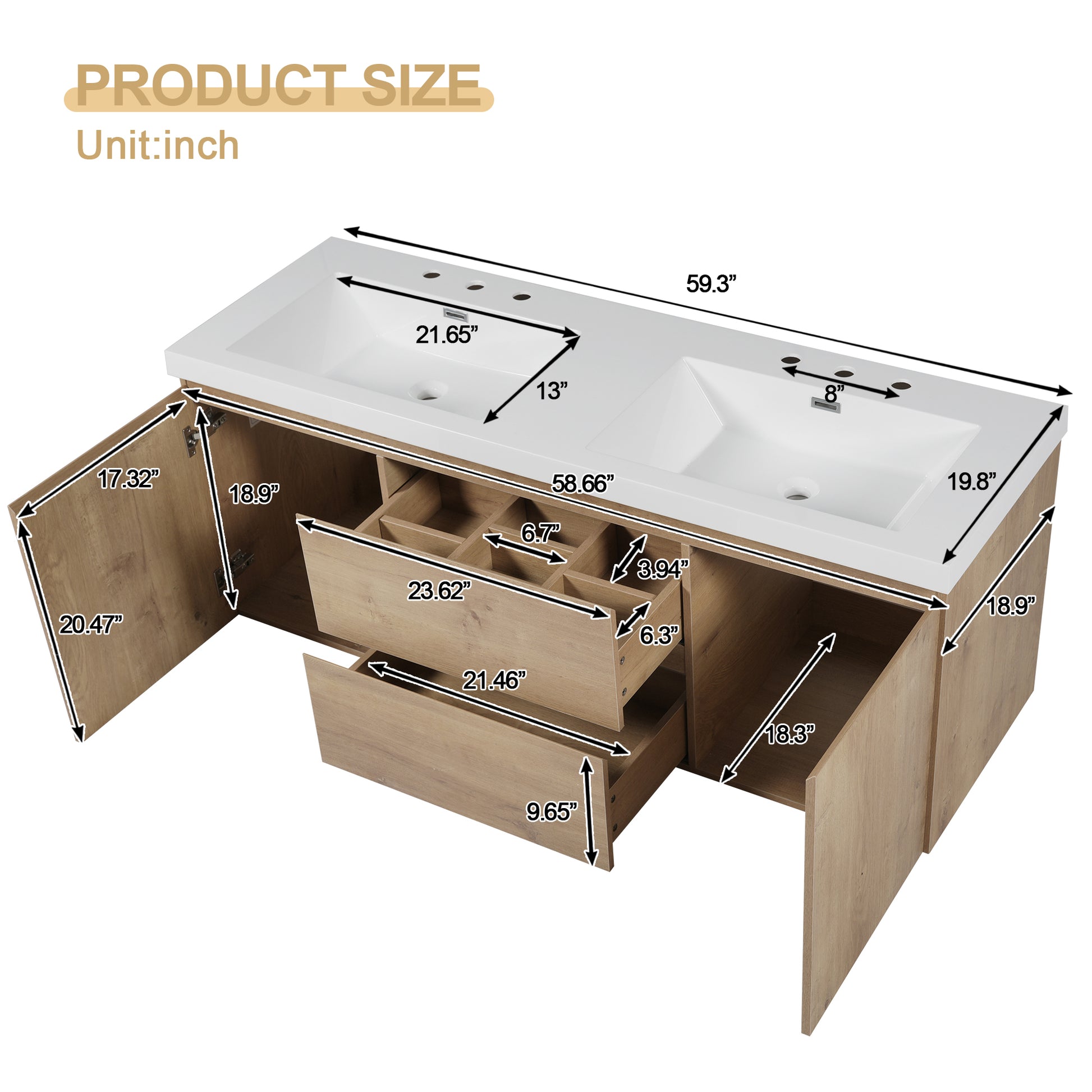 [Video]59.3 Inch Double Sink Bathroom Vanity with SMC Top, MDF Cabinet, Soft Close Doors, Divided Drawers, Wall-Mounted Modern Storage Vanity for Large Bathrooms image 8