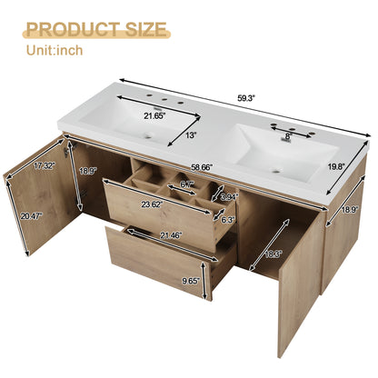 [Video]59.3 Inch Double Sink Bathroom Vanity with SMC Top, MDF Cabinet, Soft Close Doors, Divided Drawers, Wall-Mounted Modern Storage Vanity for Large Bathrooms image 8