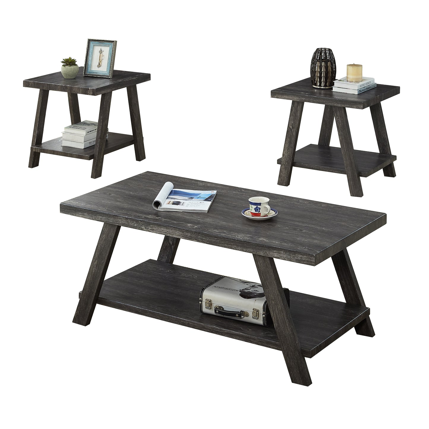 Athens Contemporary Replicated Wood Shelf Coffee Set Table in Charcoal Finish image 3