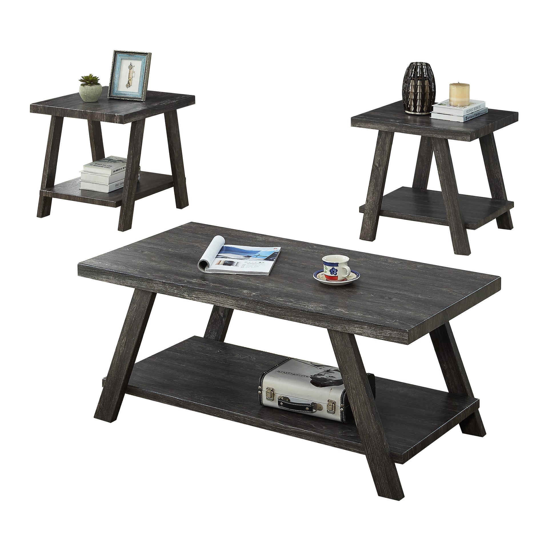 Athens Contemporary Replicated Wood Shelf Coffee Set Table in Charcoal Finish image 3