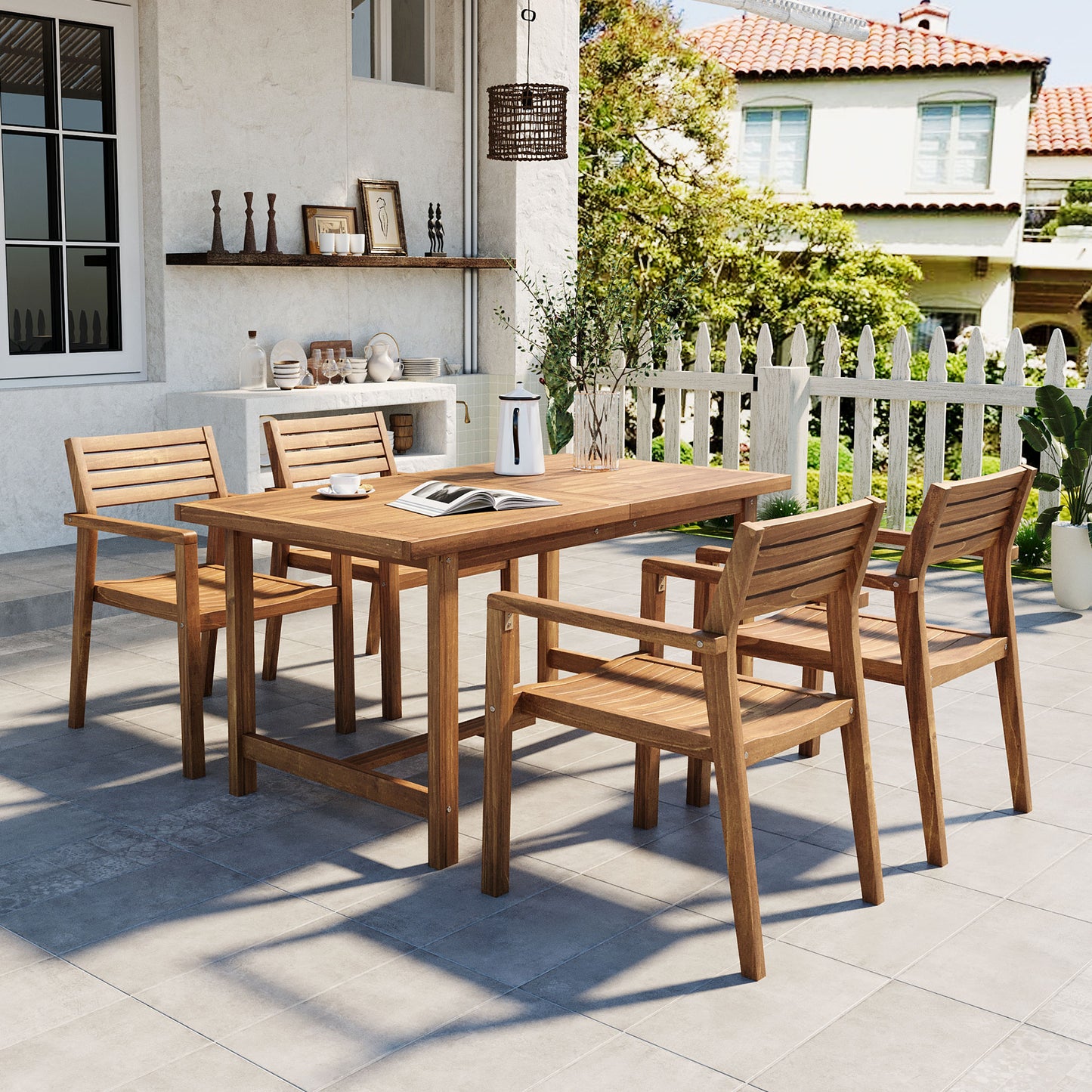 U_STYLE 5-Piece Outdoor Acacia Wood Outdoor Dining Set of 4,59.06-Inch Rectangular Table with Umbrella Hole,Suitable for Patio, Lawn, Garden, Poolside, & Indoor Use image 1