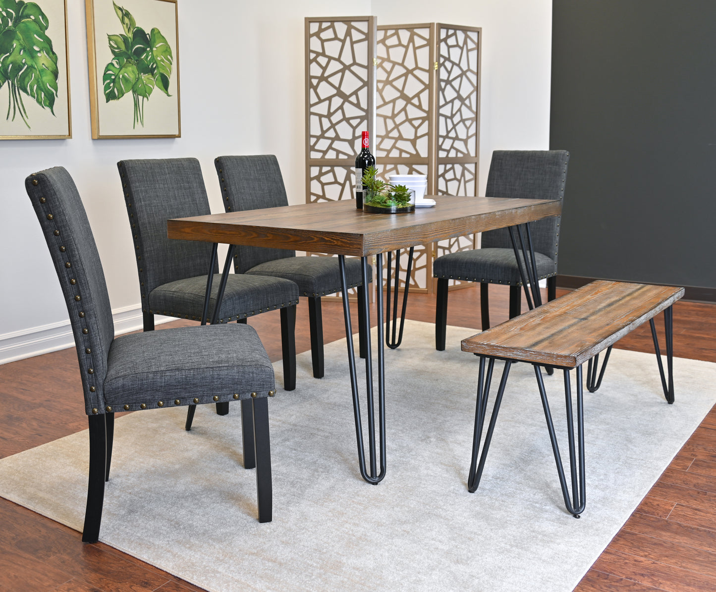 Amisos 6-Piece Dining Set, Hairpin Dining Table with 4 Chairs and a Wood Bench, 3 Color Options image 2