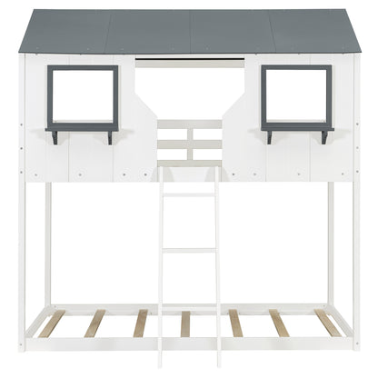 Twin Over Twin Bunk Bed Wood Bed with Roof, Window, Guardrail, Ladder (White)(OLD SKU: LT000045AAK-1) image 9