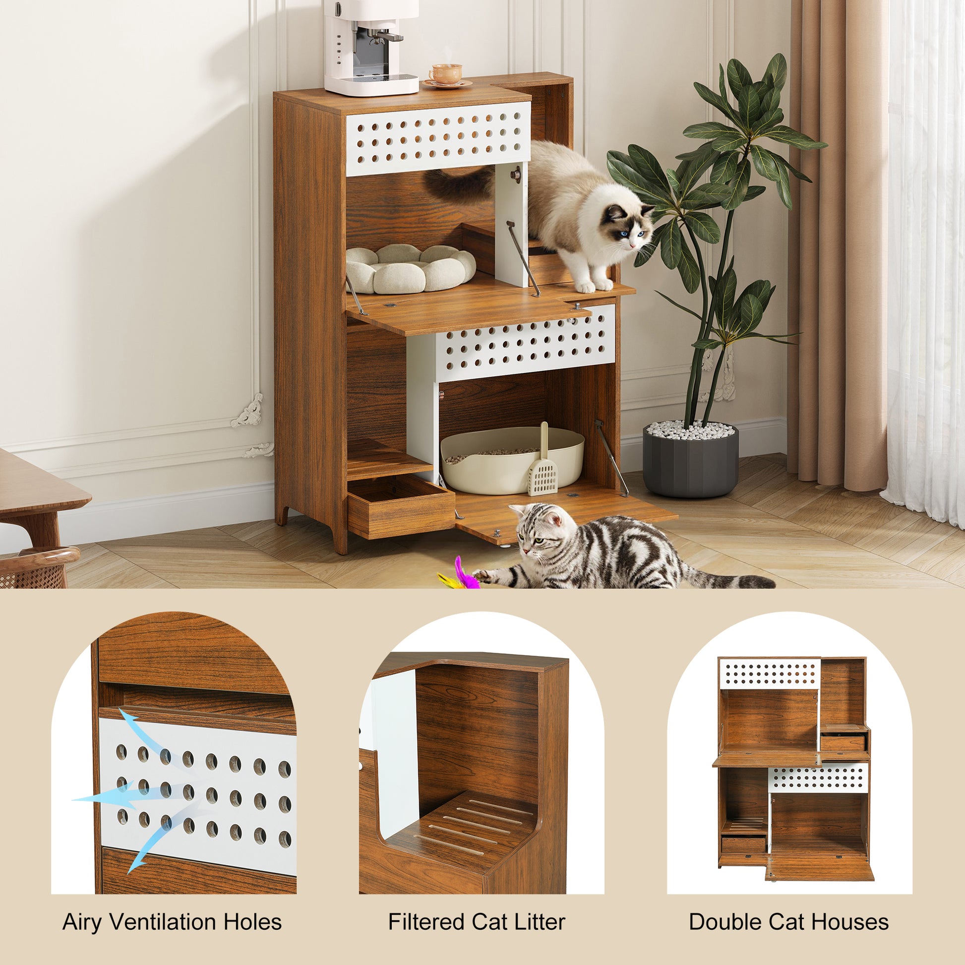 2-Piece of Modern 2 IN 1 Cat Furniture Set, Cat Litter Box Enclosure Side Table, Cat House with Storage, for 2 Small-Medium Sized Cats - BROWN image 10