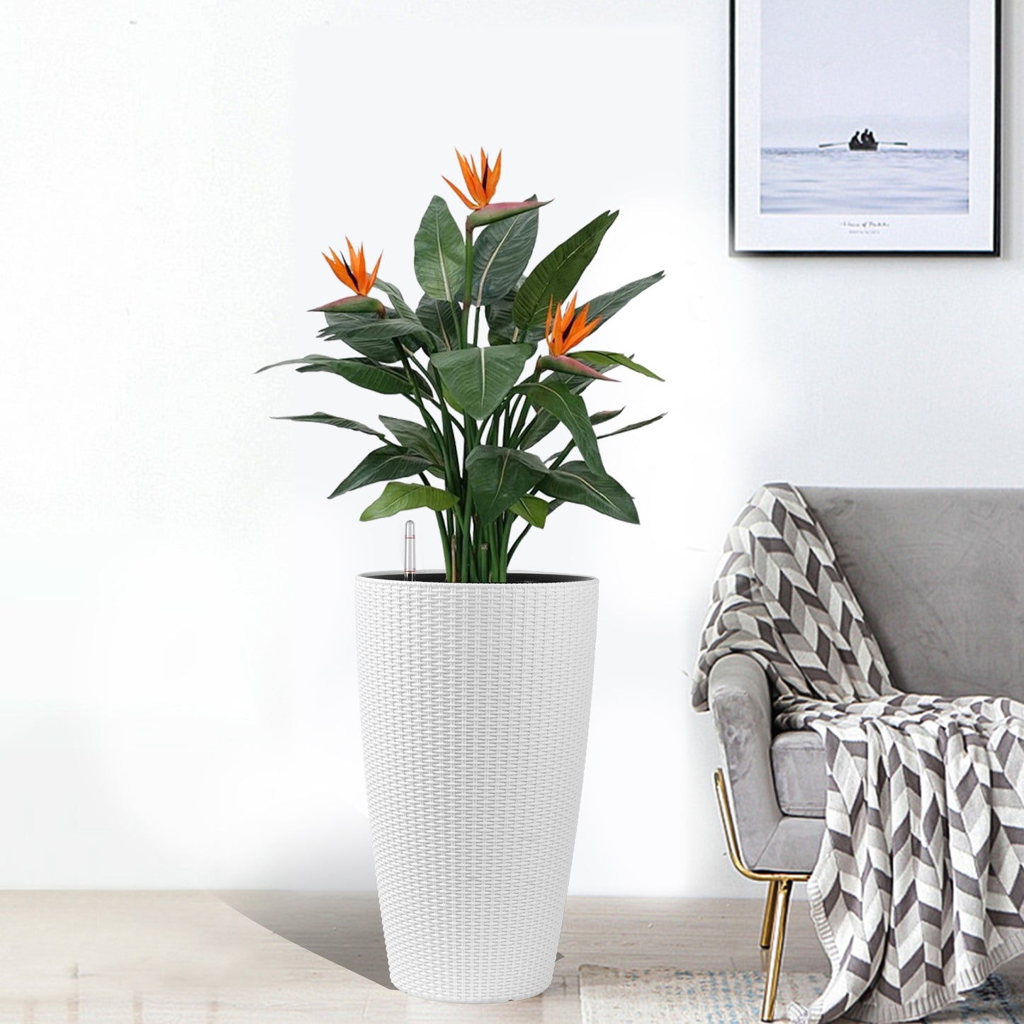 Set of 2 Faux Rattan Tall Planters Outdoor Indoor Large Planters with Water Level Monitor Inner Bucket, Automatic Watering, Flower Plant Pots for Garden, Patio, Porch, Backyard (White, 22 inch) image 10