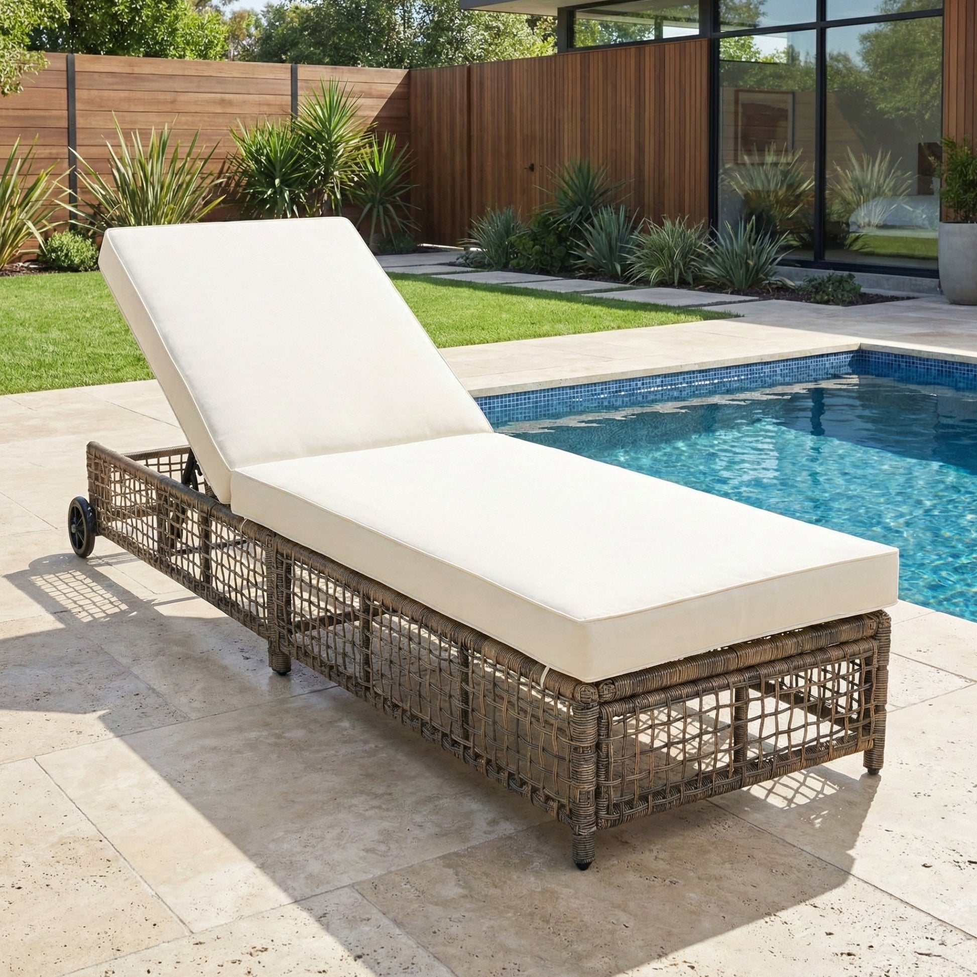 TREXM Outdoor Lounge Chair, Patio Chaise Lounge with 5-Position Backrest, Rattan Outdoor Lounge Chair with Cushion and Wheels for Poolside, Backyard, Garden (Beige Cushion+Grey Brown) image 1