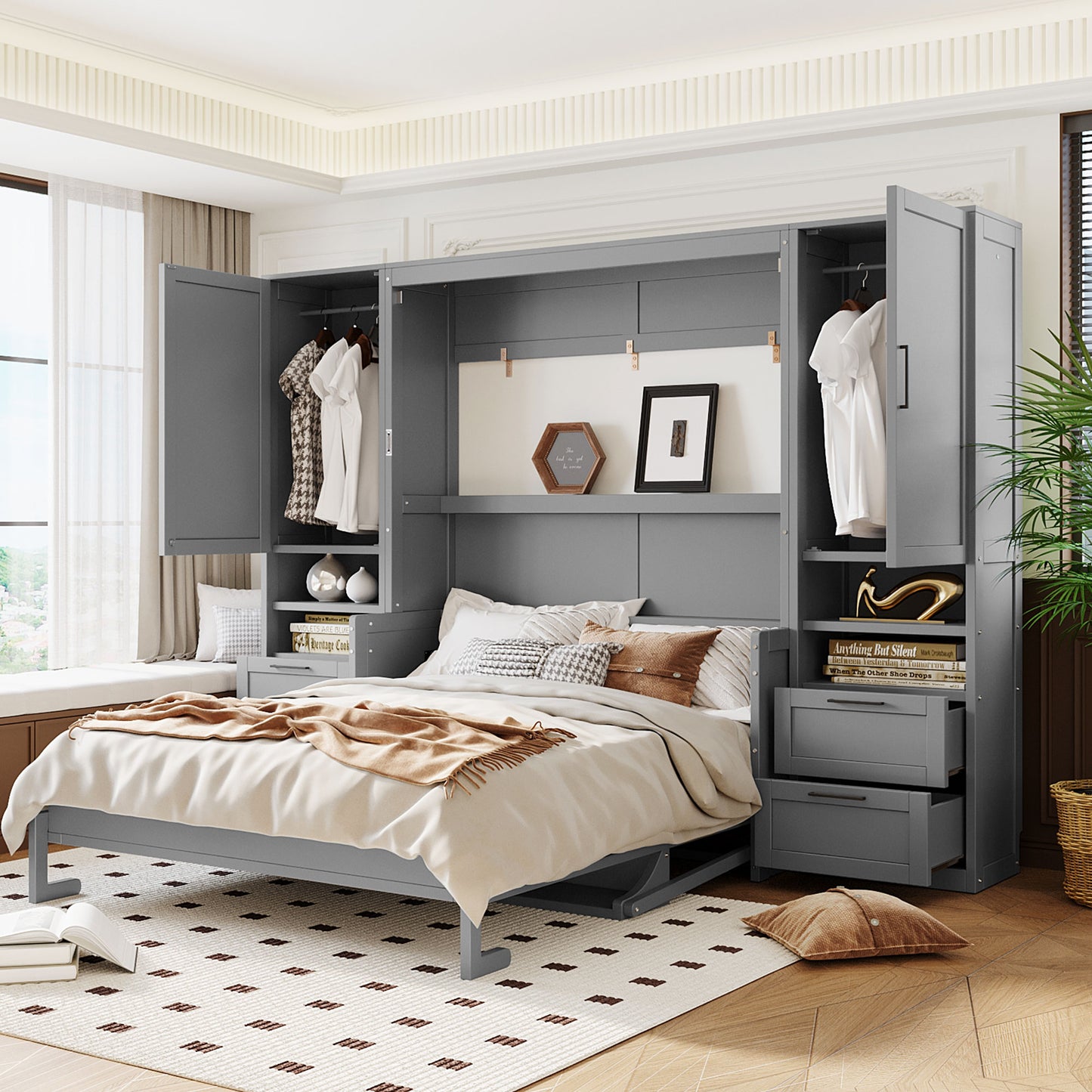 Queen Size Murphy Bed Wall Bed with Closet,Drawers and Shelves,Gray(OLD SKU:LP000909AAE-2) image 2