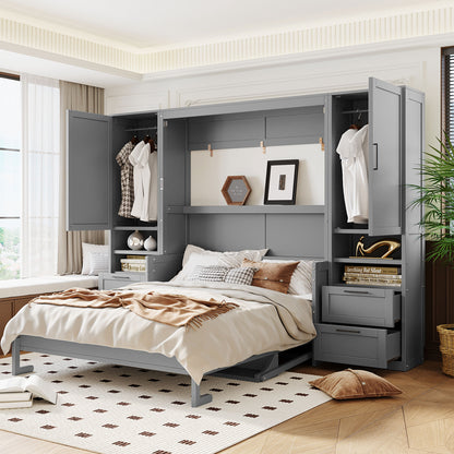 Queen Size Murphy Bed Wall Bed with Closet,Drawers and Shelves,Gray(OLD SKU:LP000909AAE-2) image 2