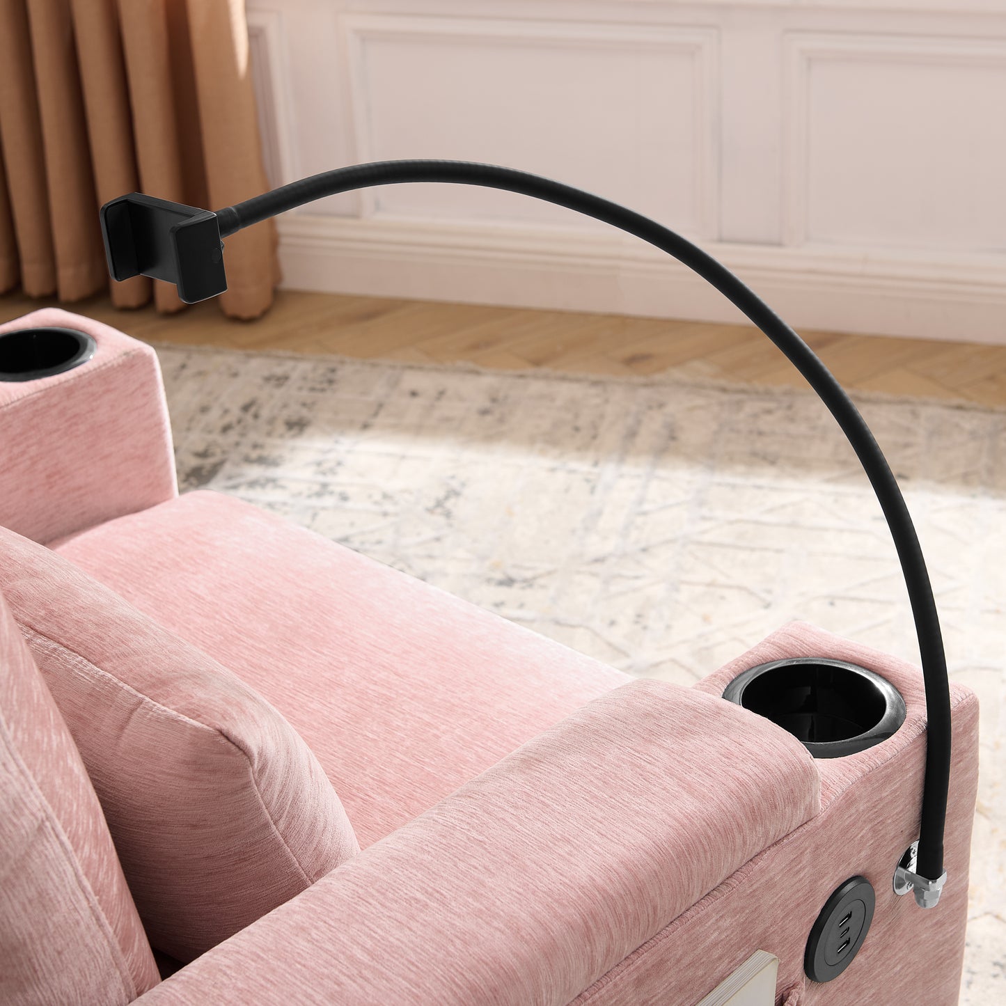 Single sofa recliner with manually adjustable backrest, USB charging port on the armrest side, phone stand included, hidden armrest storage, and a matching storage ottoman-Pink image 9