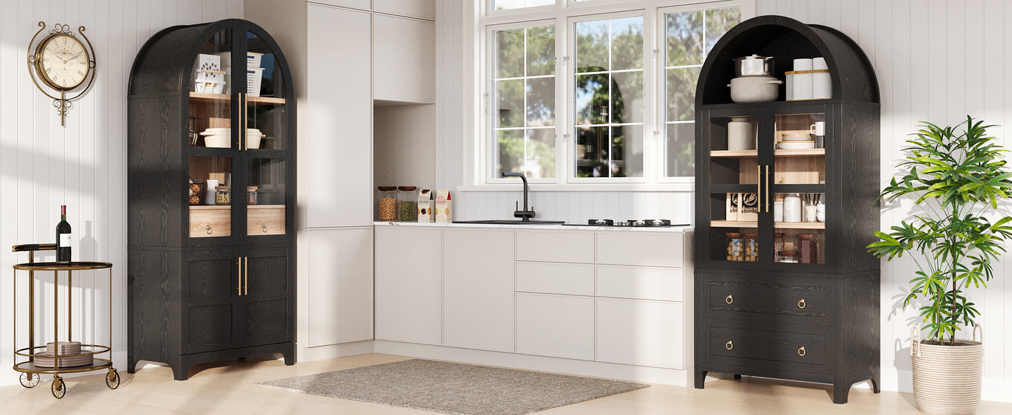 K&K 71" Tall Arched Kitchen Pantry Cabinet with Door Shelves, Farmhouse Kitchen Storage Cabinet with Open & Adjustable Shelves, Hidden Drawer & Glass Door, Cupboard for Kitchen, Dining Room, Black image 4