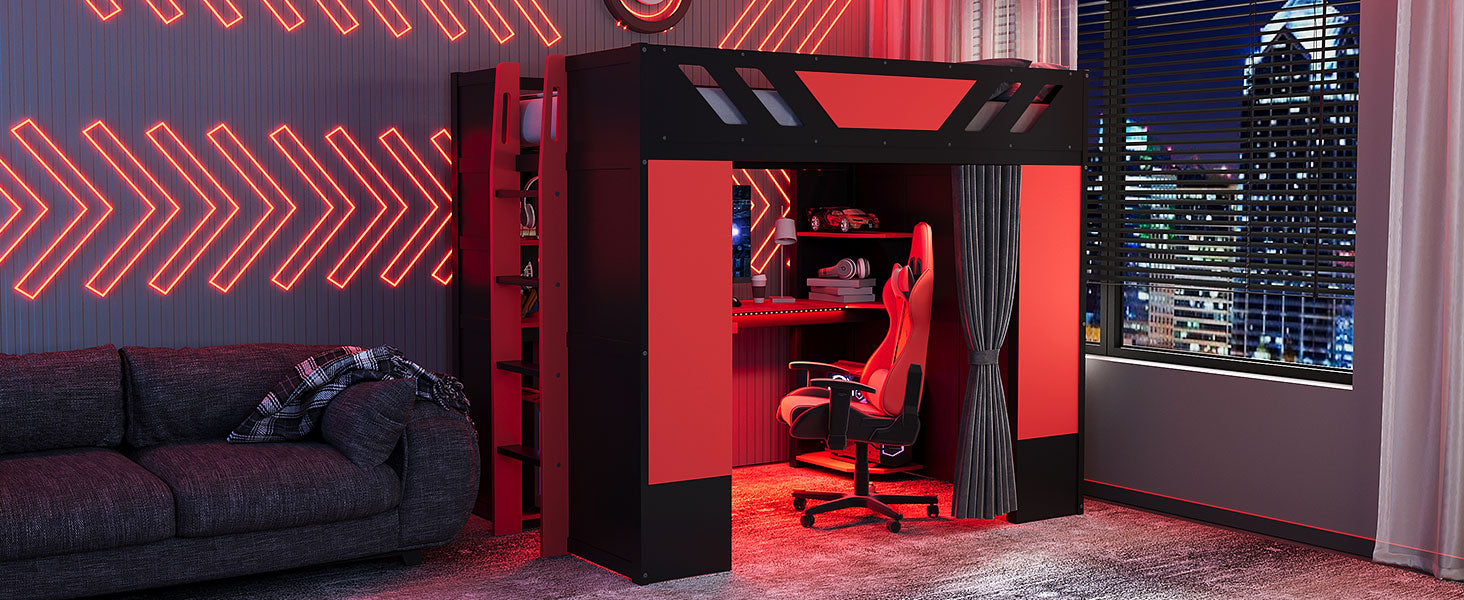 Full Size Wood Loft Bed with,Shelves,Blackout Curtains,and RGB Lights,Black+Red image 6