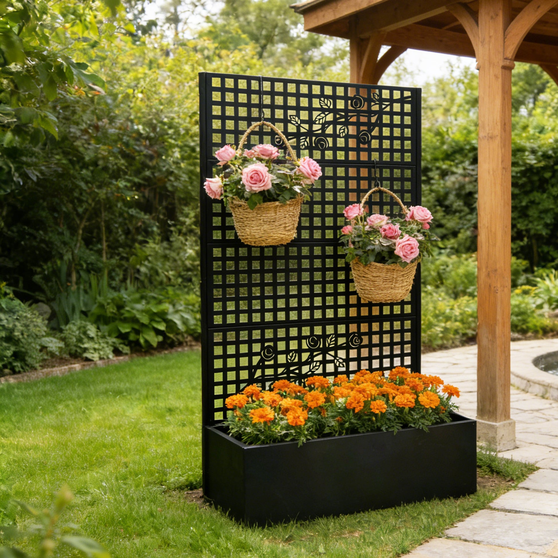 Metal Planter Box with Trellis 70.9in H x 43.3in W x 15.8in D - Outdoor Raised Garden Bed with Privacy Screen Lattice Panels for Patio Decoration for Backyard Patio Balcony, Rose Black image 7