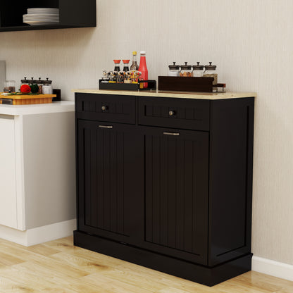 Two Drawers and Two-Compartment Tilt-Out Trash Cabinet Kitchen Trash Cabinet-Black image 2