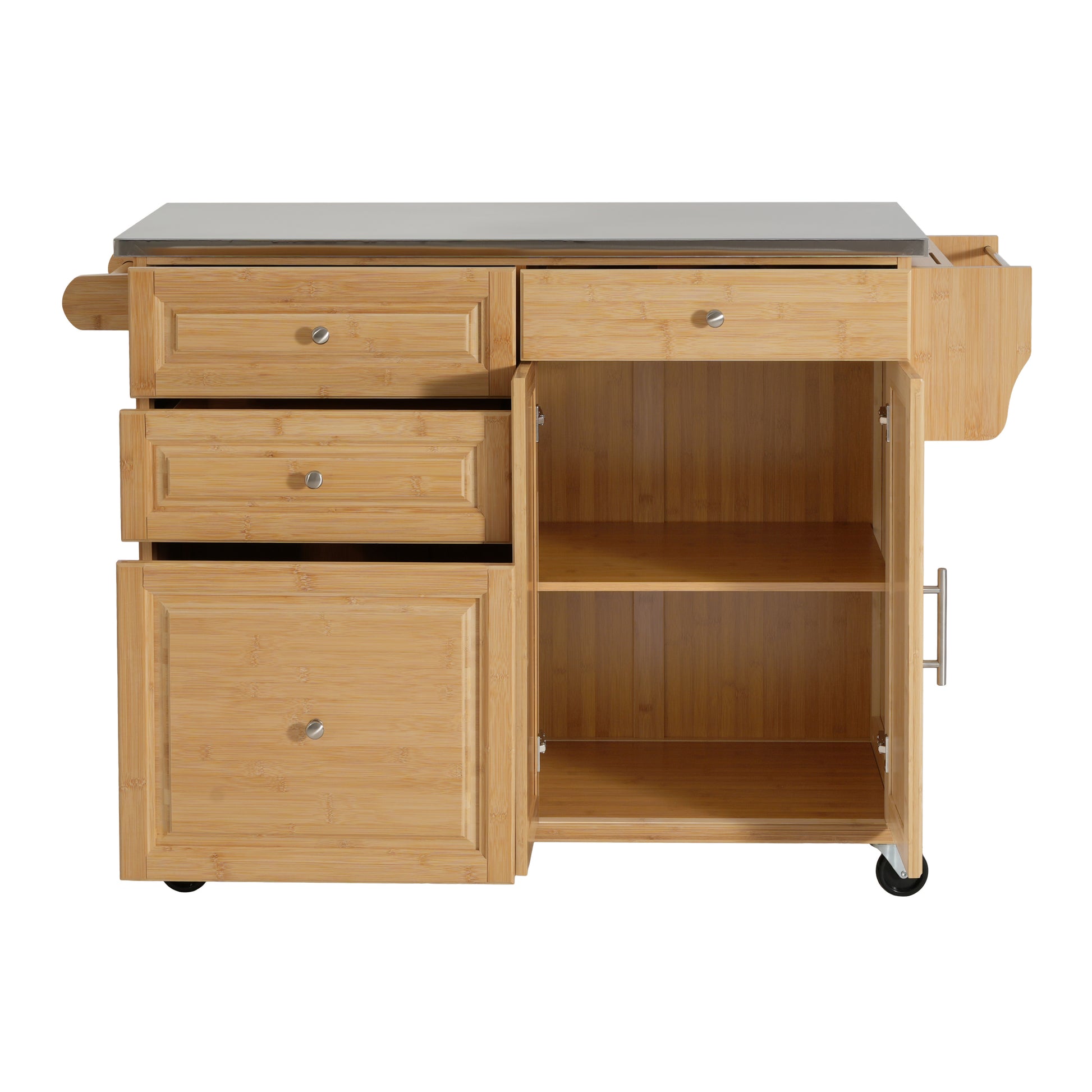 Indoor Bamboo Rolling Kitchen Island with Stainless Steel Top – Mobile Cart with Drawers, Cabinet & Towel Rack for Dining & Bar image 8