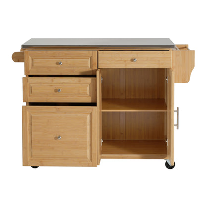 Indoor Bamboo Rolling Kitchen Island with Stainless Steel Top – Mobile Cart with Drawers, Cabinet & Towel Rack for Dining & Bar image 8