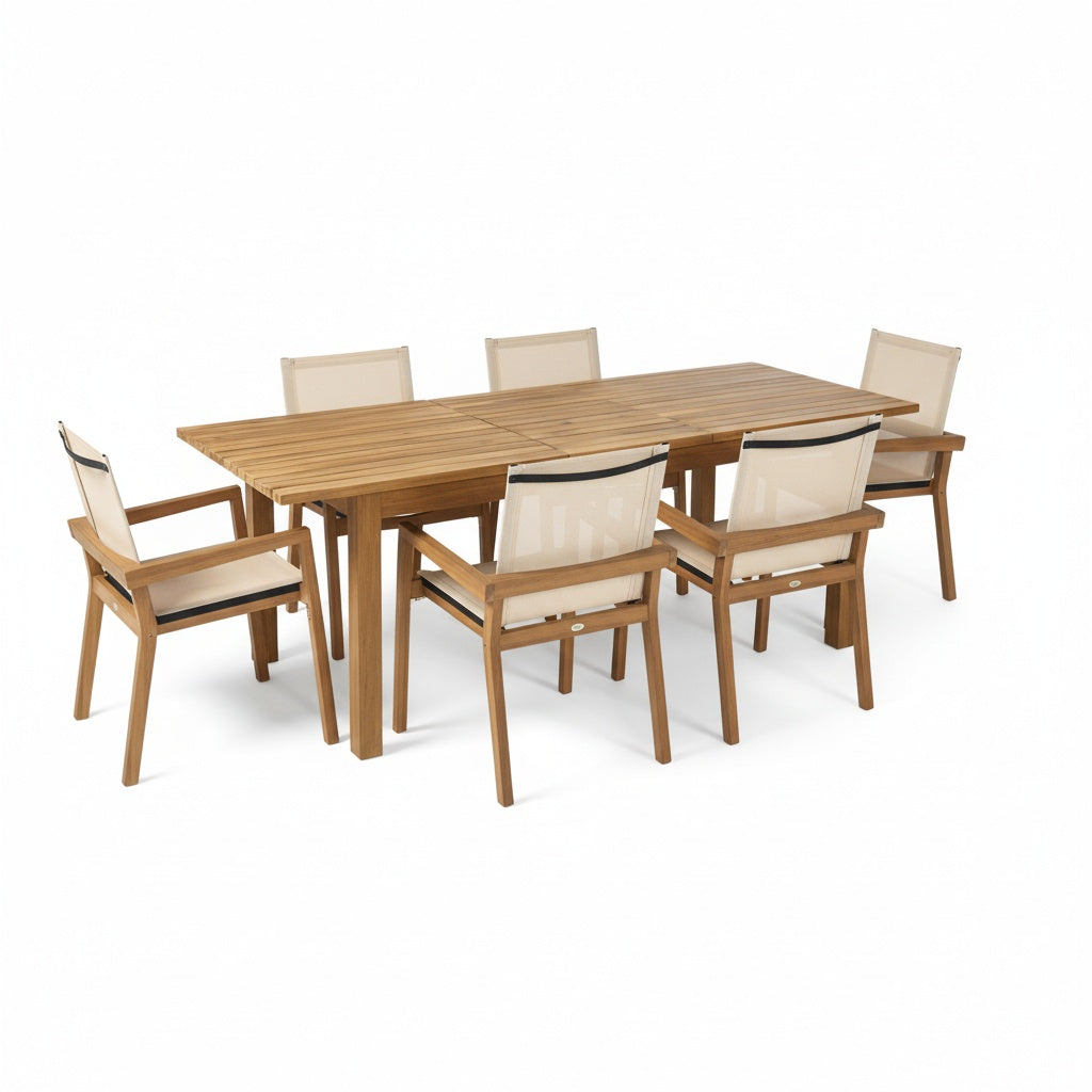 7 Pieces Acacia Wood Outdoor Dining Set s,Modern 6 Chairs 1 Large Table, Dining Furniture Set for Lawn, Backyard, Garden Deck,Poolside,Beige image 3