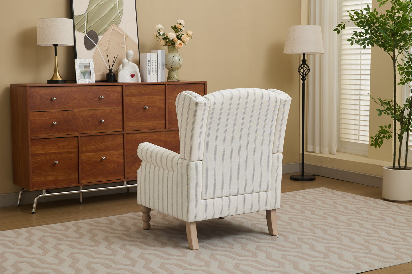 Modern Accent Chair with Retro Wood Legs, Comfy Upholstered Armchair, Floral Design Single Sofa Chair for Living Room Bedroom Office - Stripe image 4