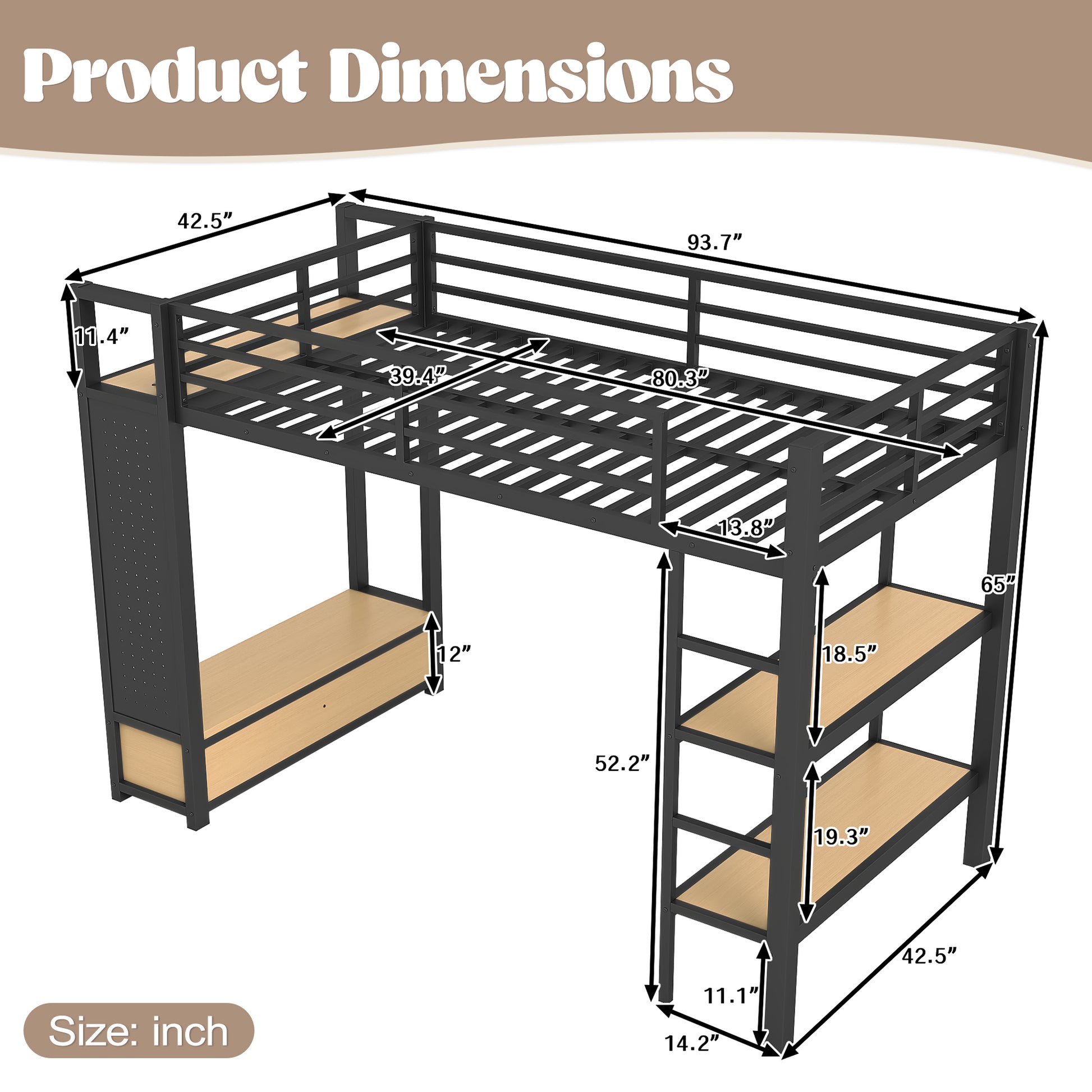 Twin XL size Loft Bed Frame with Wardrobe,Metal Loft Bed with Storage Shelves and Pegboard,Black image 6