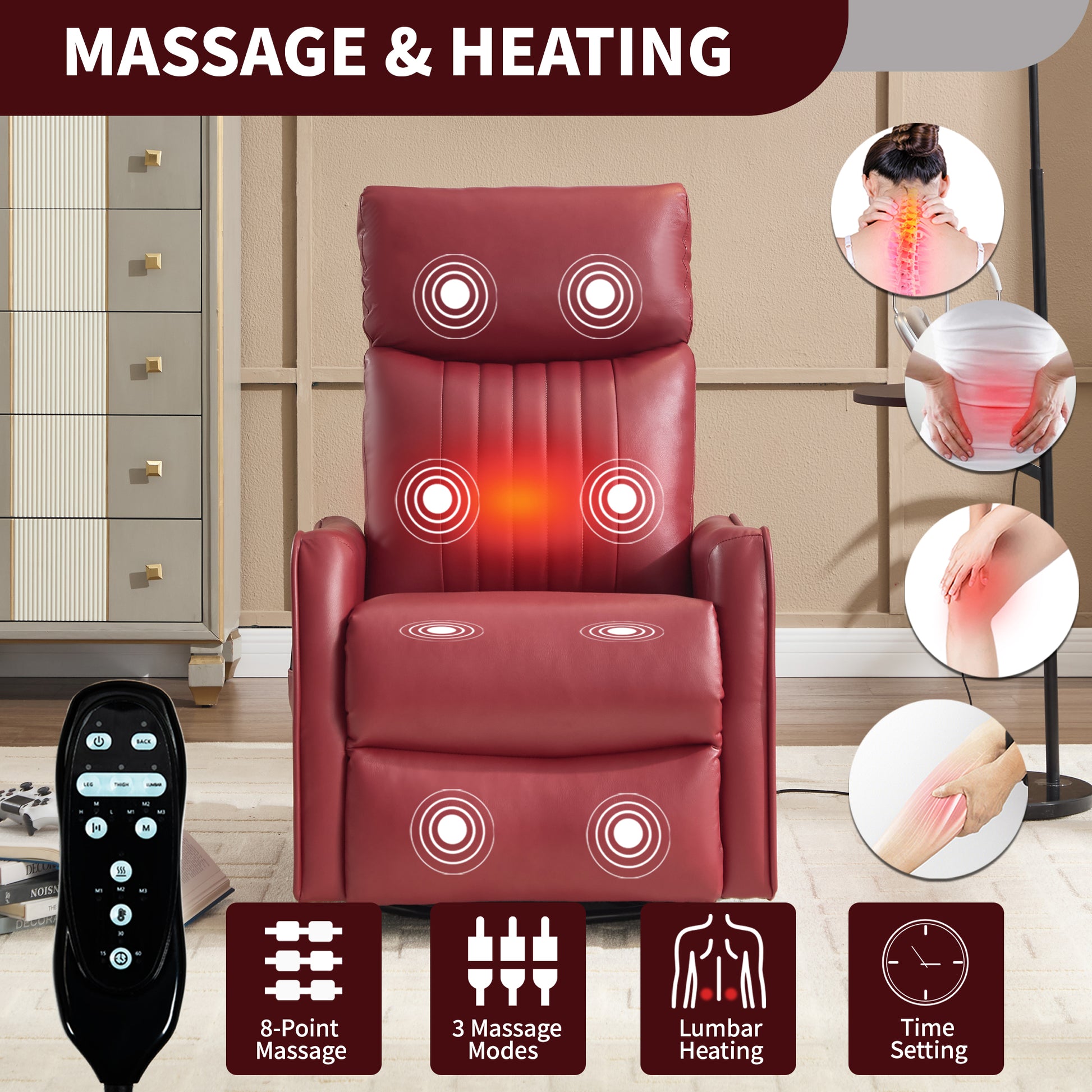Red Faux Leather Heat Massage Manual Recliner Chair with Rocker and Swivel for Living Room image 8