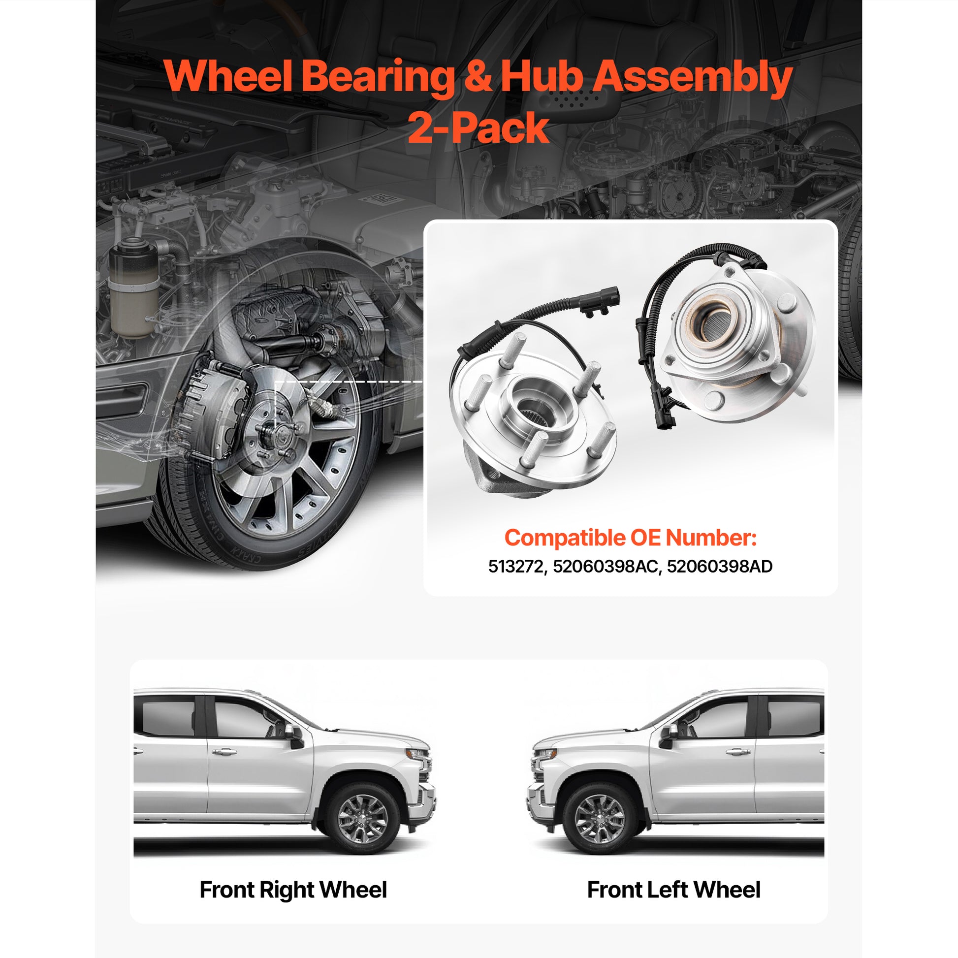 2PCS Front Wheel Bearing & Hub Assembly Fit for Jeep Wrangler 2010 Islander 2016 Rubicon Sahara 75th Anniversary Sport Utility OEM 513272, 5 Lugs with ABS Sensor, Wheel Bearing Hub Assembly Set image 2