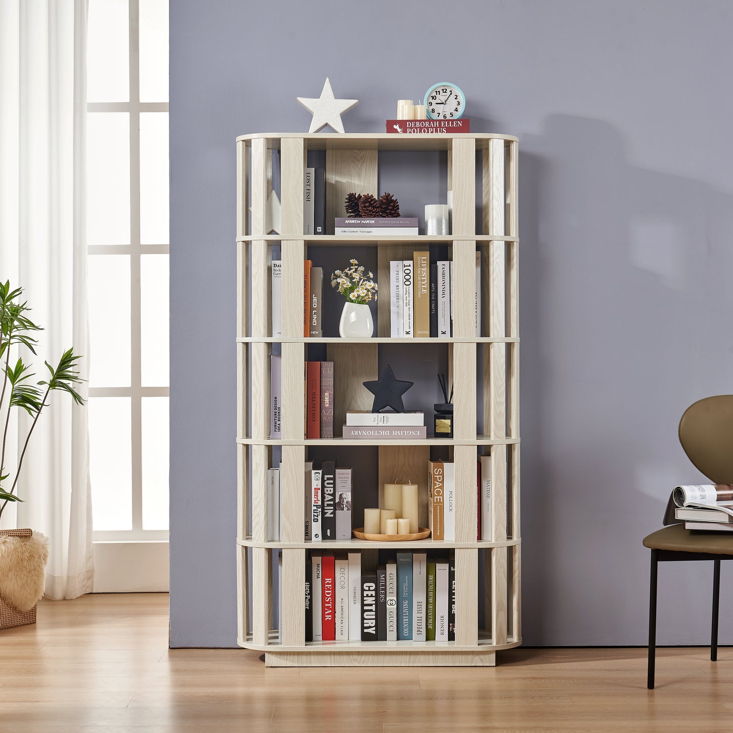 Wooden Oval Open Bookshelf, MDF Grid Frame Freestanding Bookcase, 5-Tier Easy Assembly Storage Display Rack for Living Room Home Office Decor, DIY Free Combination Storage Cabinet Study Room image 2