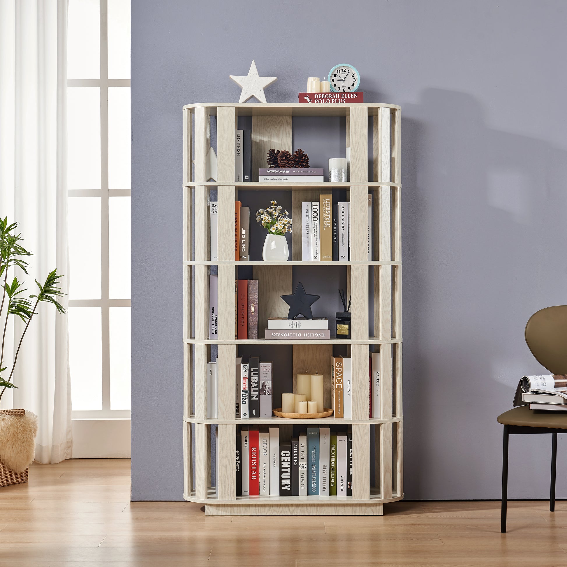 Wooden Oval Open Bookshelf, MDF Grid Frame Freestanding Bookcase, 5-Tier Easy Assembly Storage Display Rack for Living Room Home Office Decor, DIY Free Combination Storage Cabinet Study Room image 2
