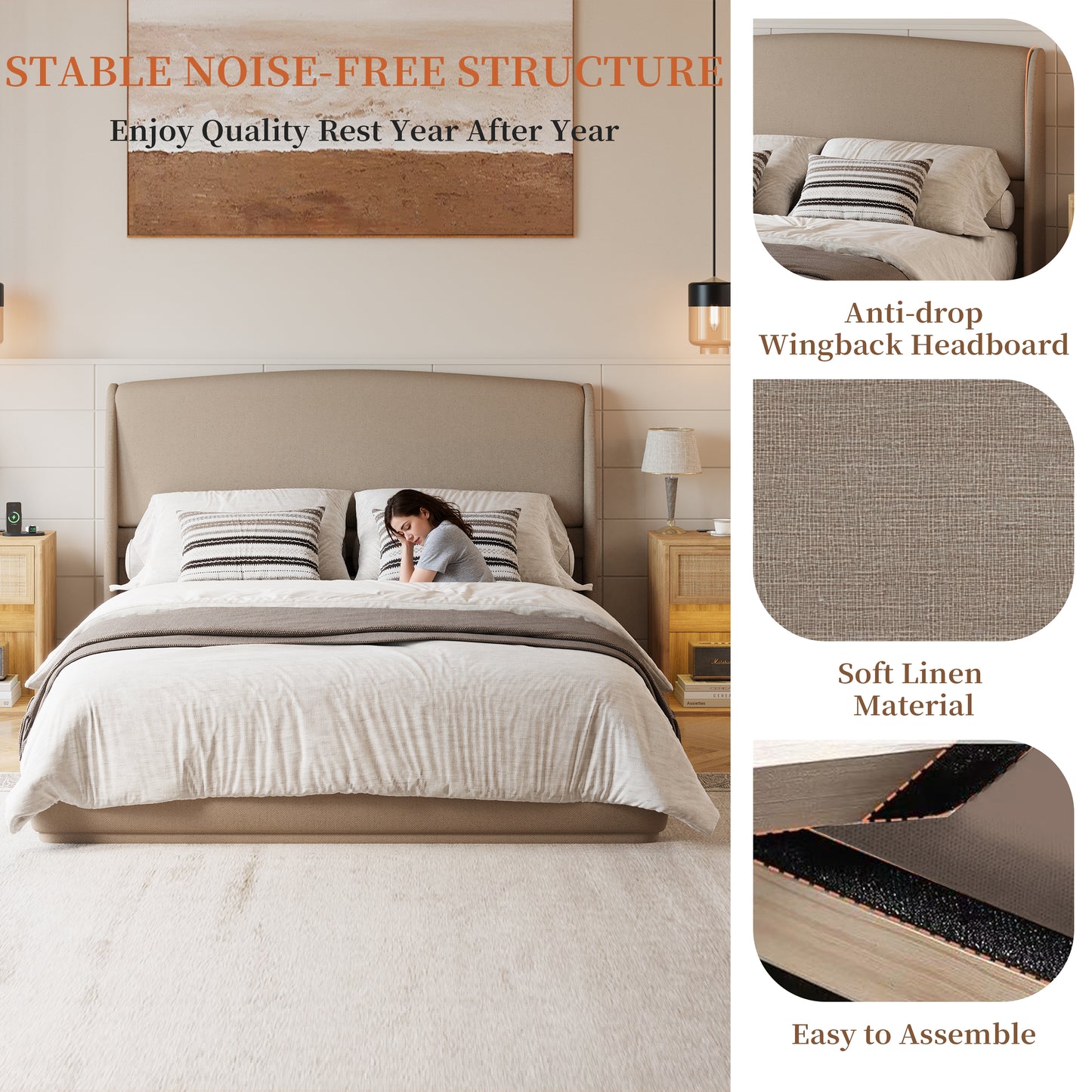Upholstered Queen Bed Frame with Wingback Headboard, Low Profile Platform Bed with Padded Headboard, No Box Spring Needed, Easy Assembly, Elegant Linen Fabric, Brown image 4