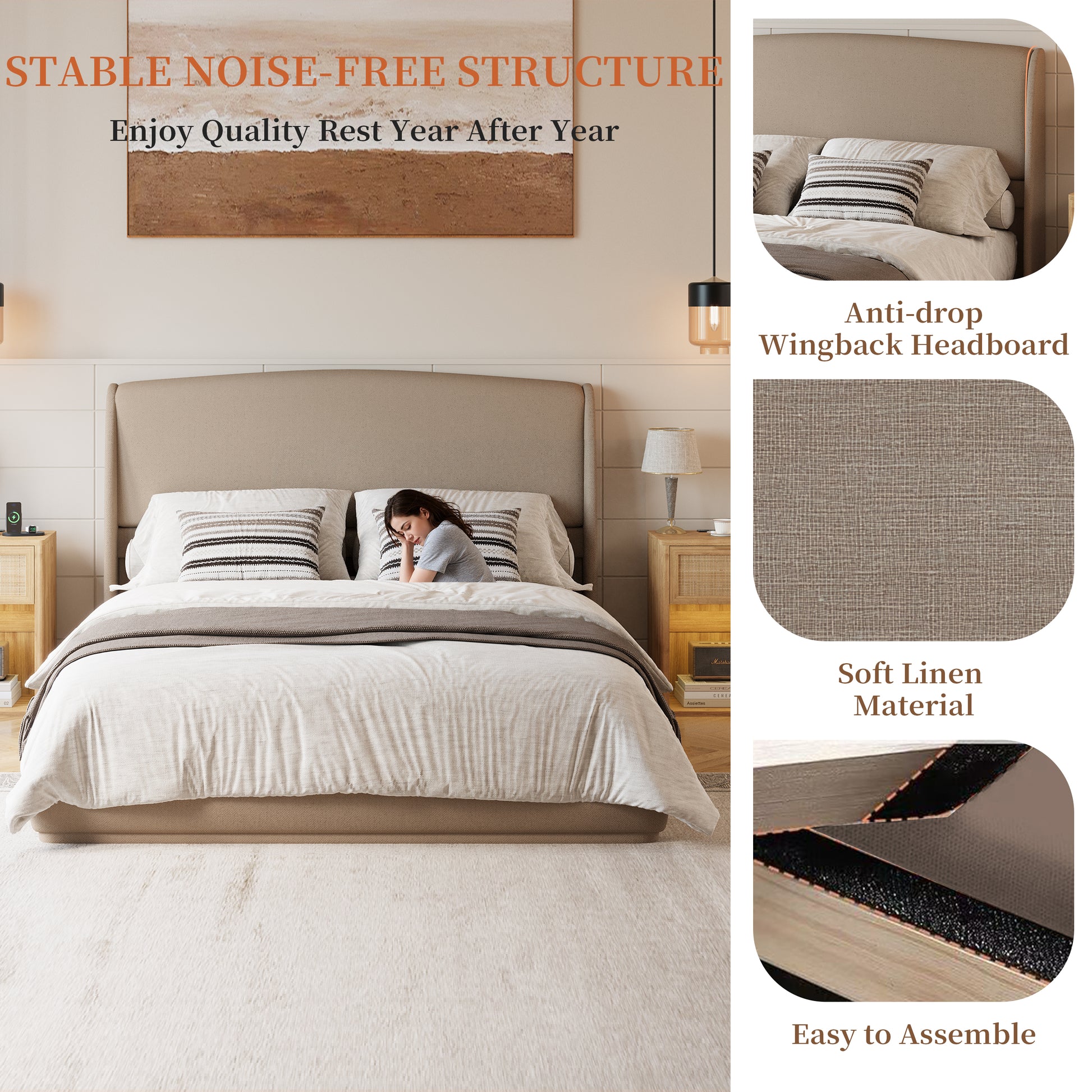 Upholstered Queen Bed Frame with Wingback Headboard, Low Profile Platform Bed with Padded Headboard, No Box Spring Needed, Easy Assembly, Elegant Linen Fabric, Brown image 4