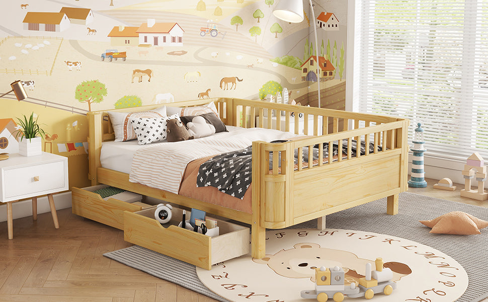 Full Size Wood Platform Bed for Kids, Wood Low Profile Full Bed with Rails for Girls and Boys, Natural (Old SKU W2593P331687) image 7
