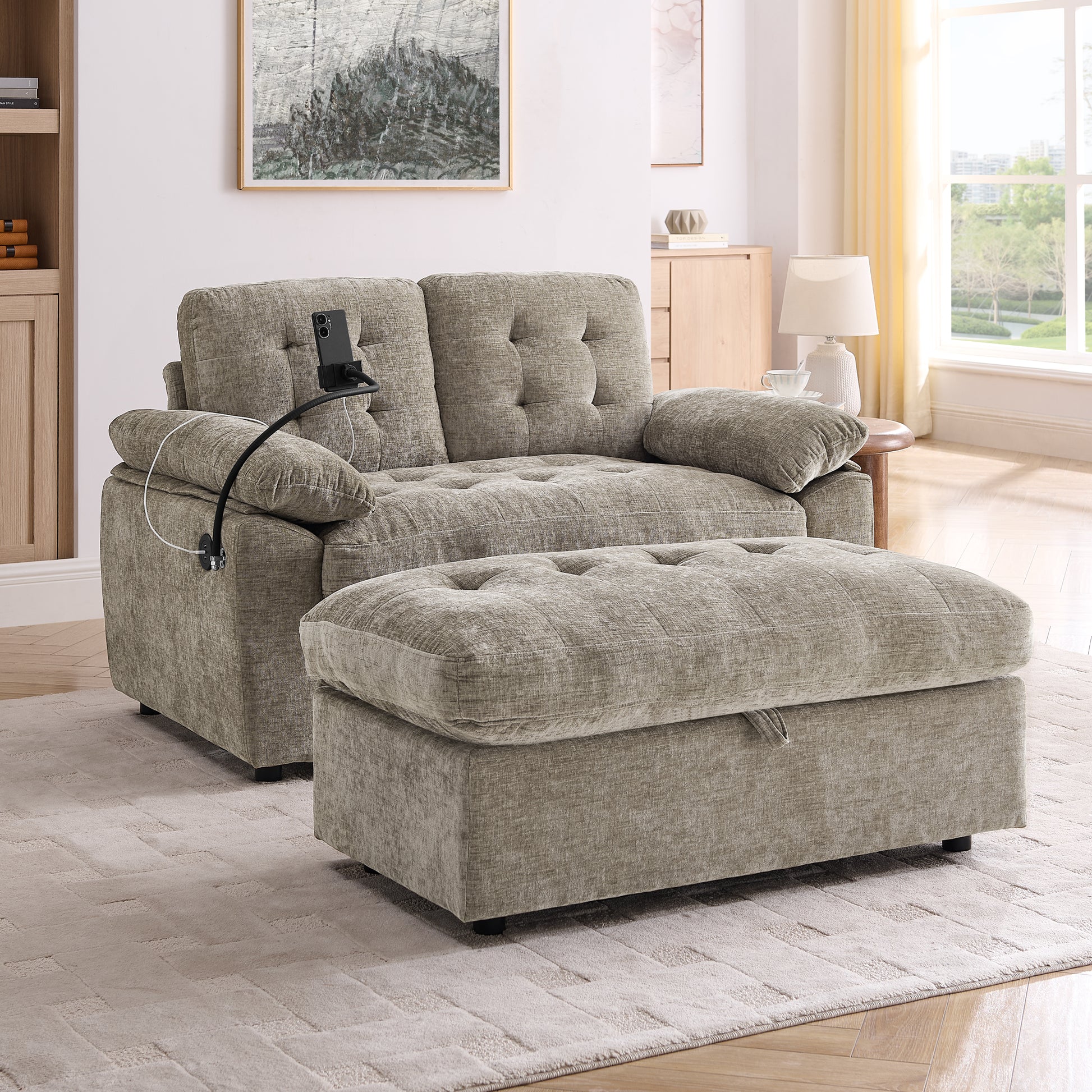 Leisure sofa chair,Double sofa recliner, with manually adjustable backrest, soft padded armrests, side USB charging port and phone stand, comes with a matching storage ottoman-Brown image 1