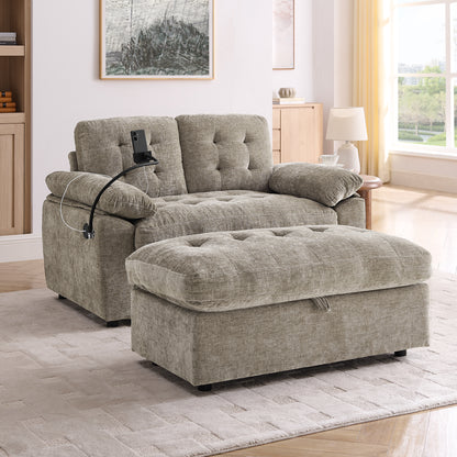Leisure sofa chair,Double sofa recliner, with manually adjustable backrest, soft padded armrests, side USB charging port and phone stand, comes with a matching storage ottoman-Brown image 1