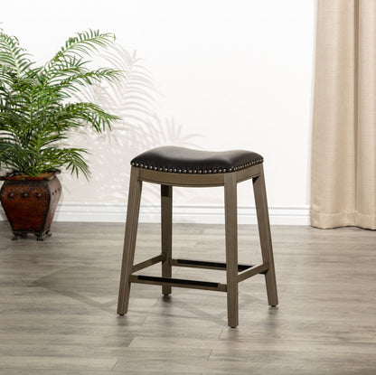 24" Counter Height Saddle Stool, Weathered Gray Finish, Black Leather Seat image 1