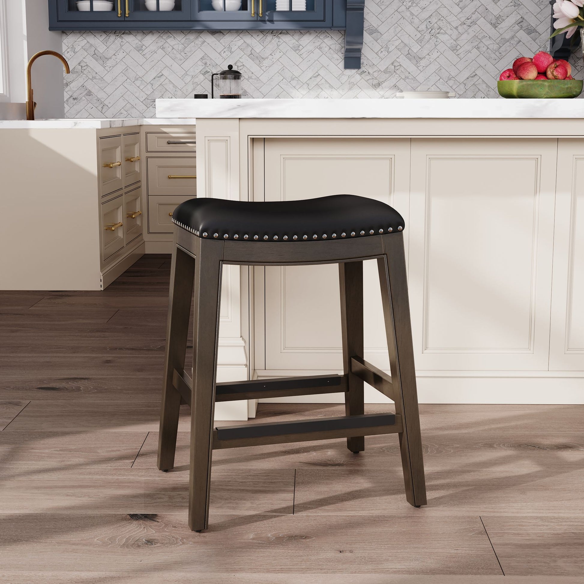 24" Counter Height Saddle Stool, Weathered Gray Finish, Black Leather Seat image 6