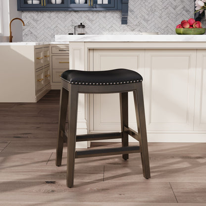 24" Counter Height Saddle Stool, Weathered Gray Finish, Black Leather Seat image 6